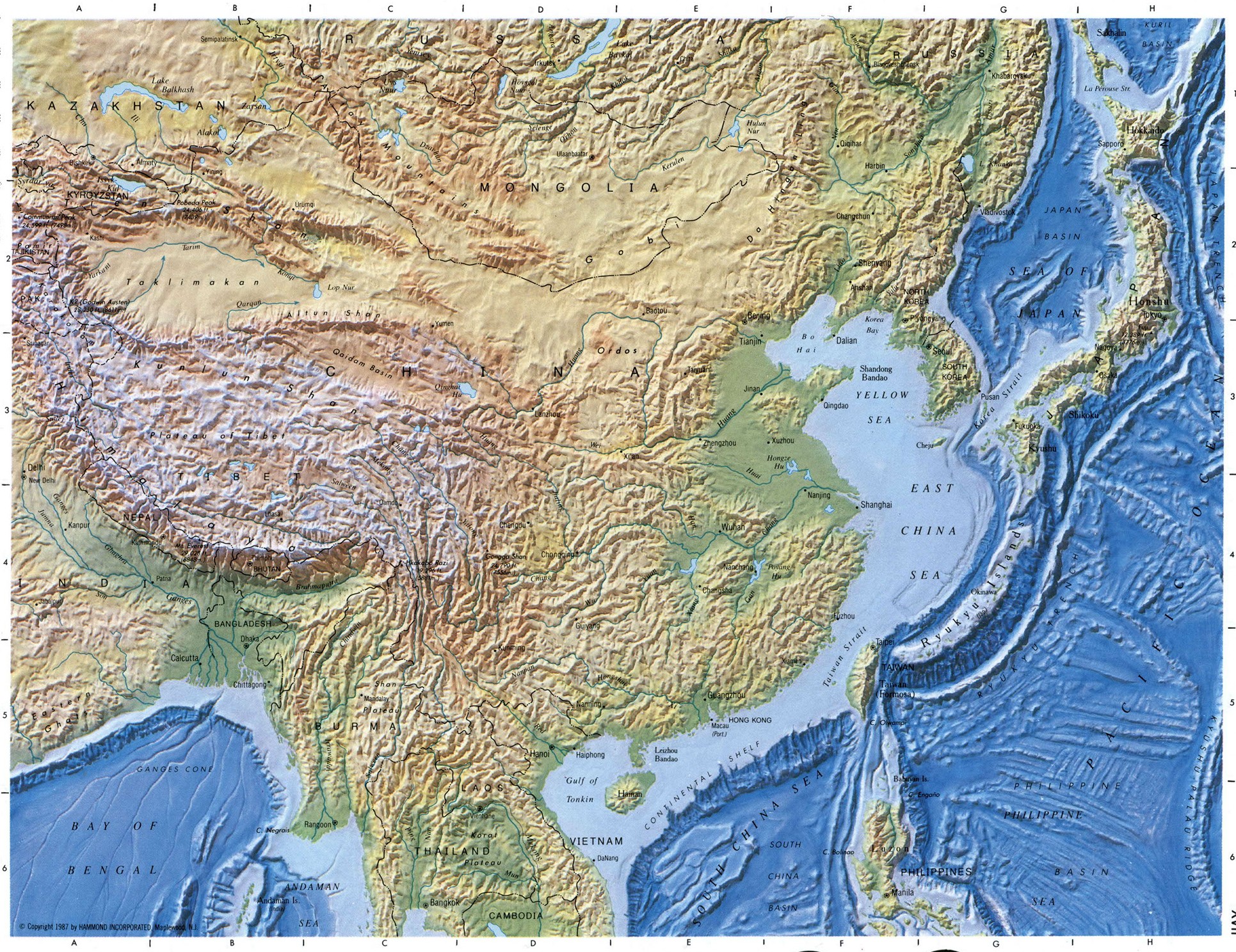 Физическая карта Юго-Восточной Азии большая подробная крупномасштабная -2023