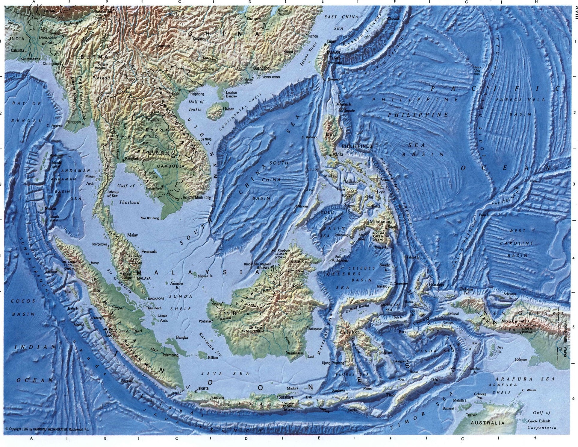 Юго-Восточная Азия карта физическая подробная