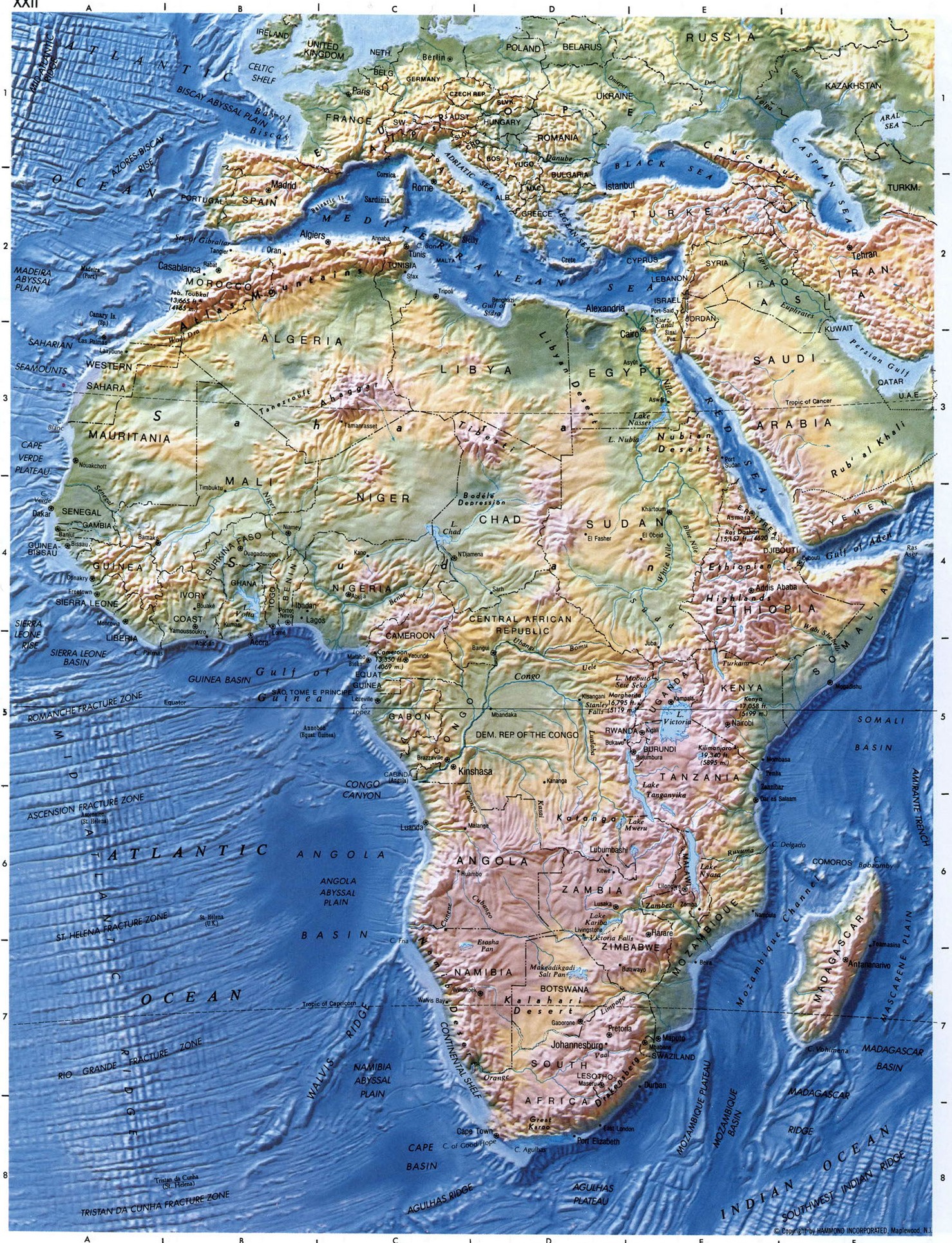 Африка географическая карта континета - рельеф, растительность - 2023